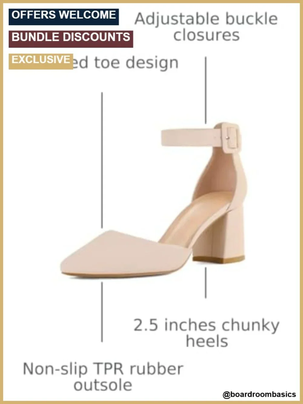 Pointed Toe Low Chunky Heels Ankle Strap Dress Pumps with Latex Cushion